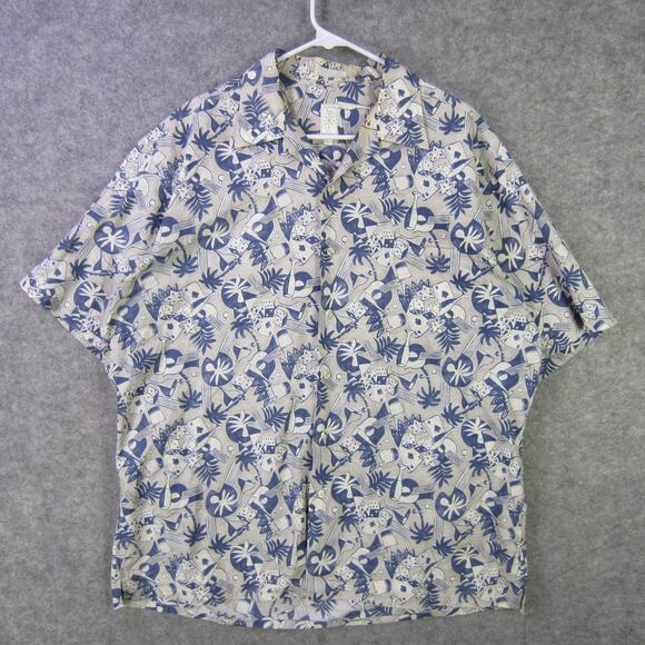 Burma Bibas Shirt Mens Large Blue Tan Hawaiian Camp Tiki Lightweight Cotton - Picture 1 of 10